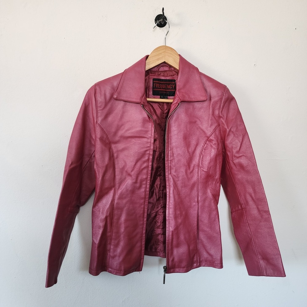 Y2K Womens Pink Leather Full Zip Jacket by Frequency Size Small Streetwear